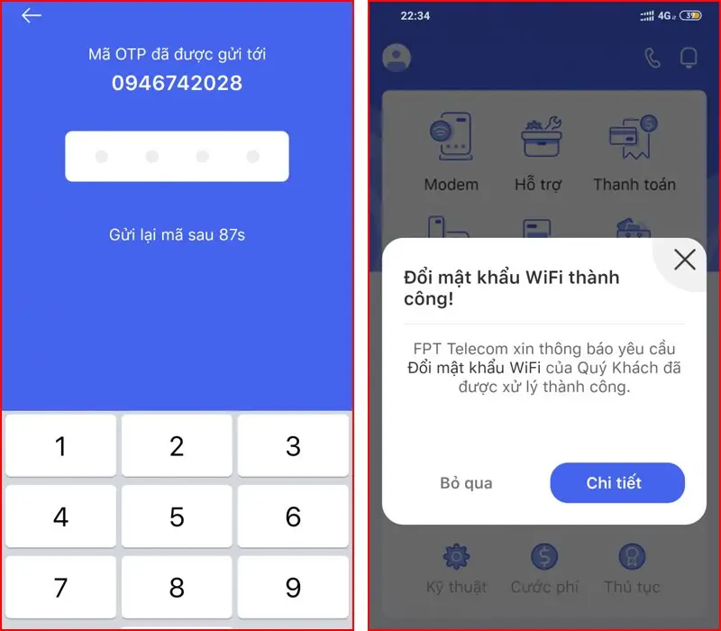 Thông báo đổi mật khẩu Wi-Fi FPT thành công trên ứng dụng Hi FPT