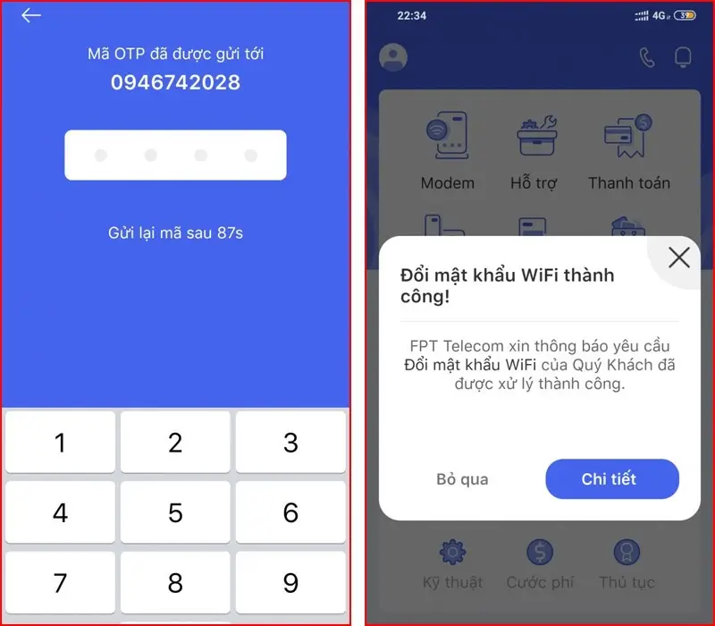 Thông báo đổi mật khẩu WiFi FPT thành công trên Hi FPT sau khi xác thực OTP