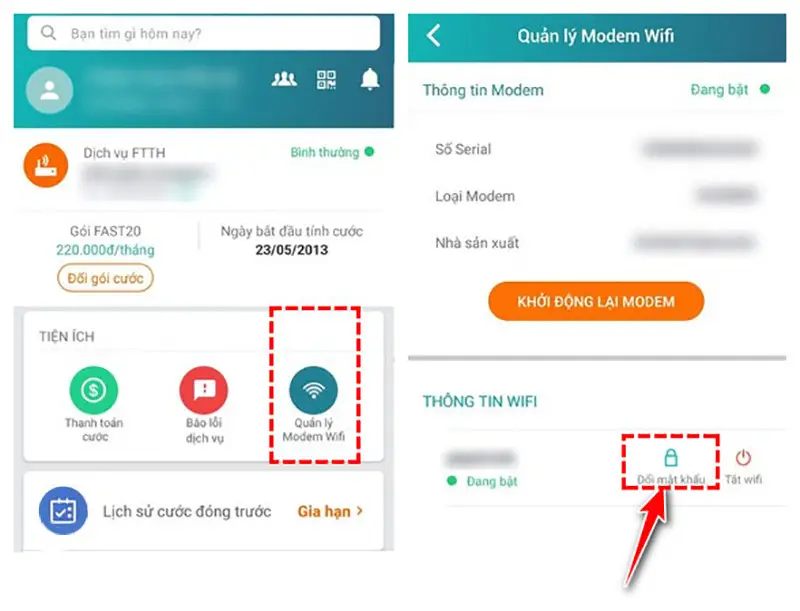 Tính năng Quản lý Modem Wi-Fi trên My Viettel và nút Đổi mật khẩu