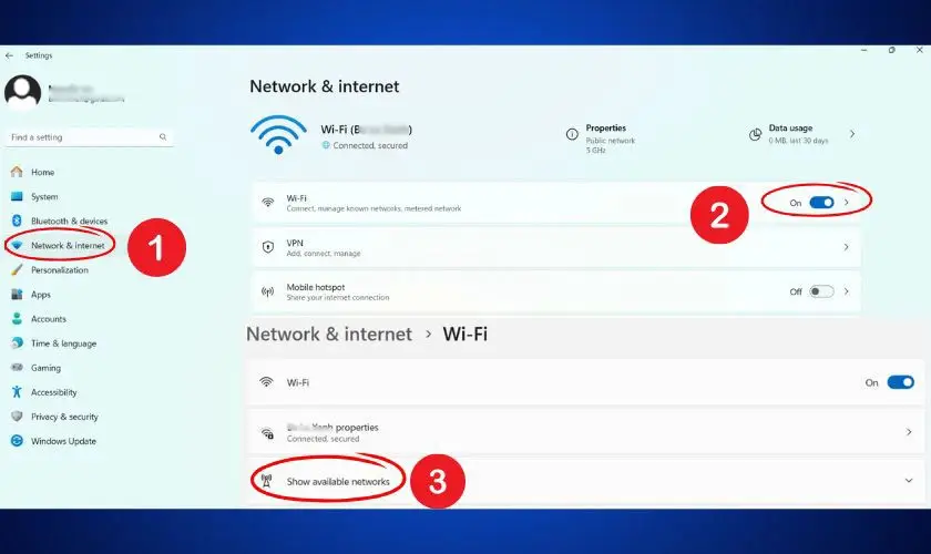 Trang Network &amp; Internet trong Settings Windows 10 với tùy chọn Wi-Fi, Show available networks