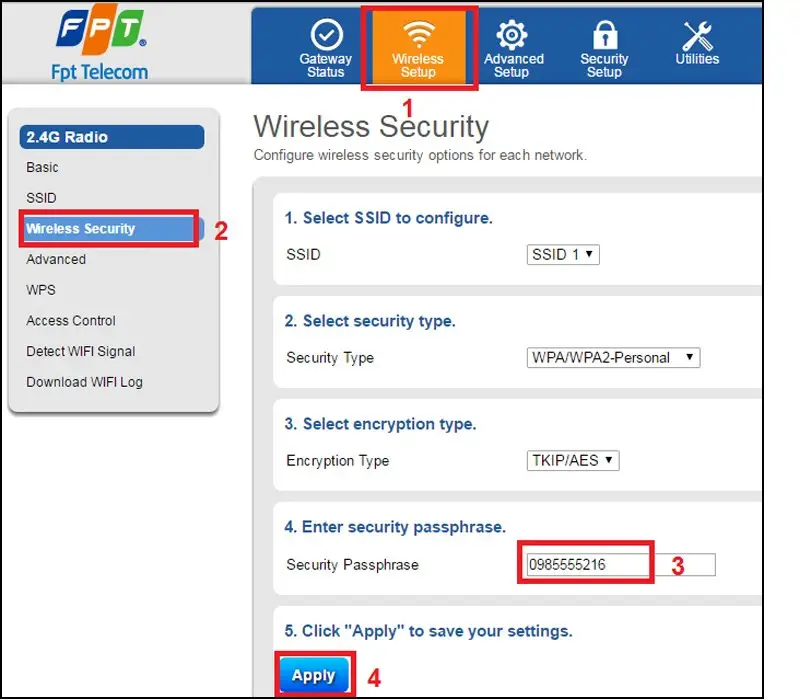 Trang Wireless Security của modem FPT với trường Enter security passphrase
