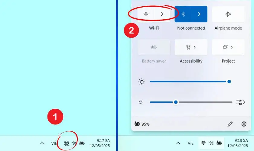 Trung tâm Quick Settings của Windows 11 với nút Wi-Fi, chọn mạng kết nối