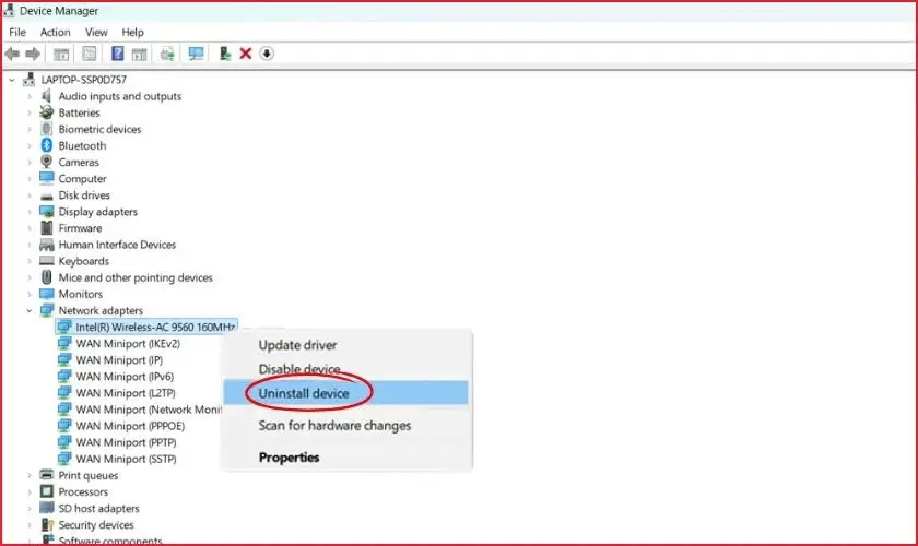 Tùy chọn Uninstall device cho driver Wi-Fi trong Device Manager Windows