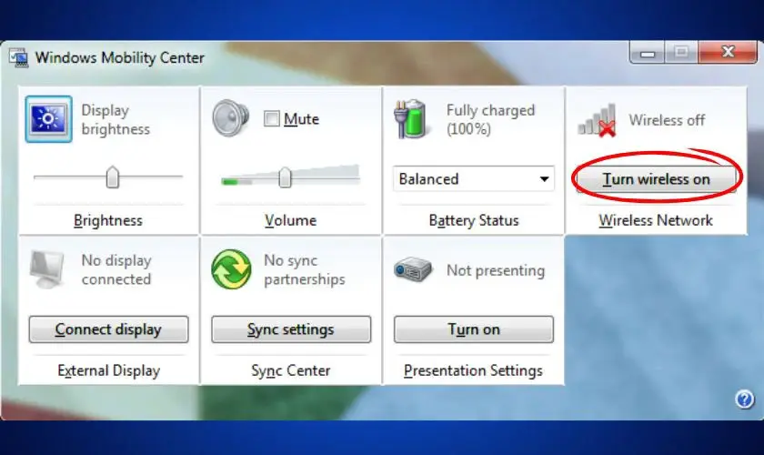 Windows 7 Mobility Center bật mạng không dây trên laptop Asus