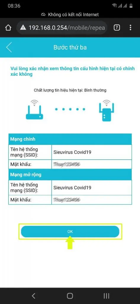 Xác nhận cấu hình, chờ hoàn tất để đèn Extend chuyển xanh lá hoặc vàng cam trên Totolink