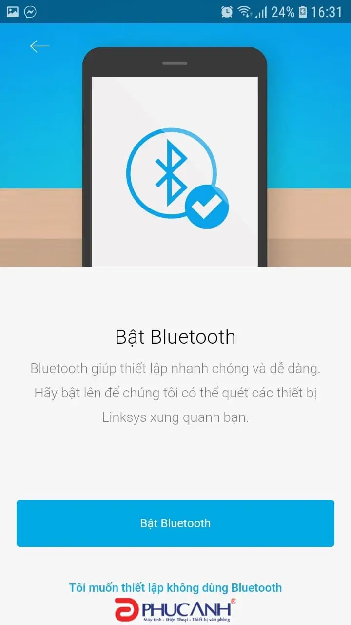 Yêu cầu bật Bluetooth trên điện thoại để quét tìm node Linksys Velop khi cài đặt
