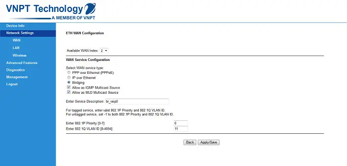 Cấu hình Bridge trên iGate GW040: chọn Bridging, thiết lập VLAN để chuyển modem sang chế độ cầu nối