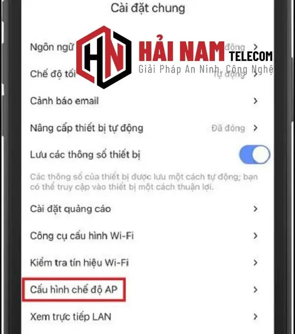 Chọn Cấu hình chế độ AP trong cài đặt chung của ứng dụng Ezviz