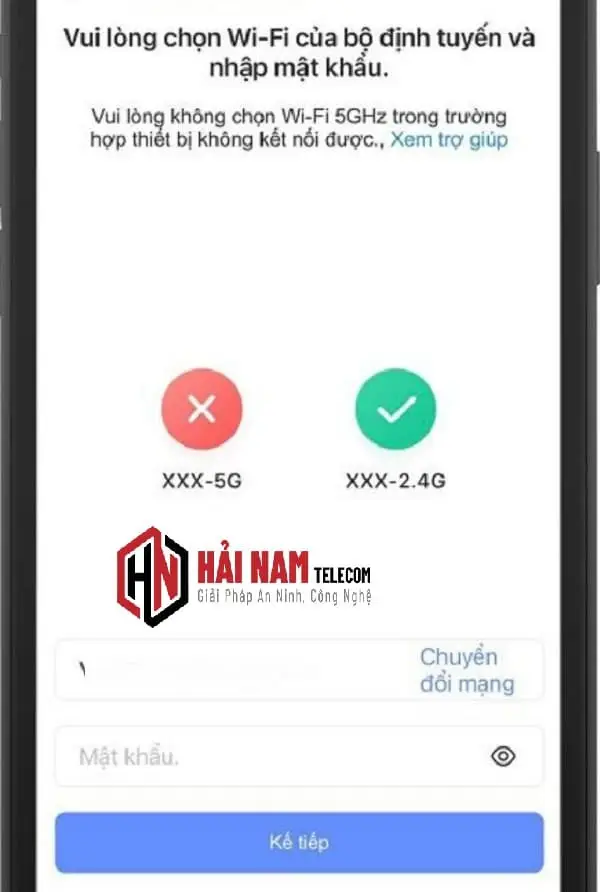 Chọn mạng 2.4 GHz và nhập mật khẩu khi cài lại Wi-Fi cho camera Ezviz