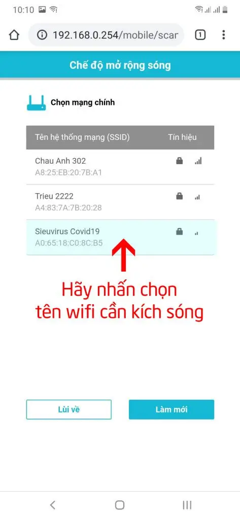 Chọn tên mạng WiFi gốc để kích sóng trên Totolink EX200