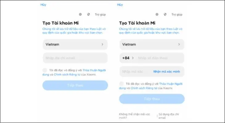 Chọn Việt Nam và nhập email/số điện thoại khi tạo tài khoản Xiaomi để sử dụng đầy đủ tính năng