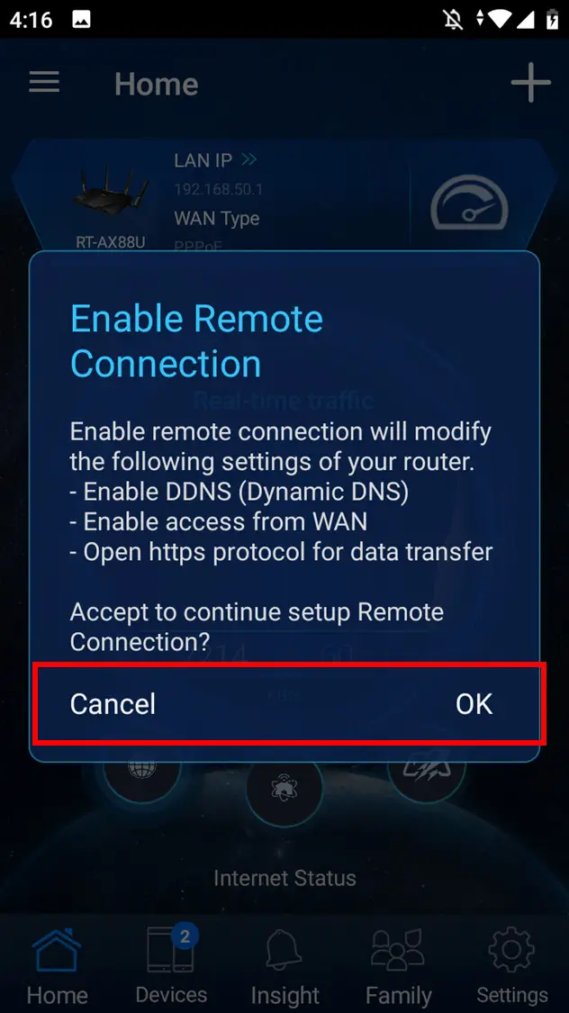 Cửa sổ bật lên kết nối từ xa trên ứng dụng ASUS Router cho RT-AC1300UHP