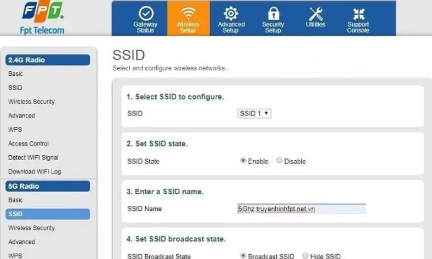 Giao diện cấu hình băng tần 5GHz, đặt SSID và pass trên modem FPT