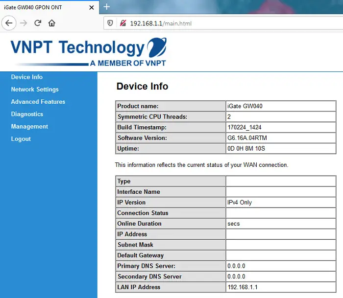 Giao diện trang cấu hình iGate GW040 sau khi đăng nhập, hiển thị menu Management, Network Settings, Wireless