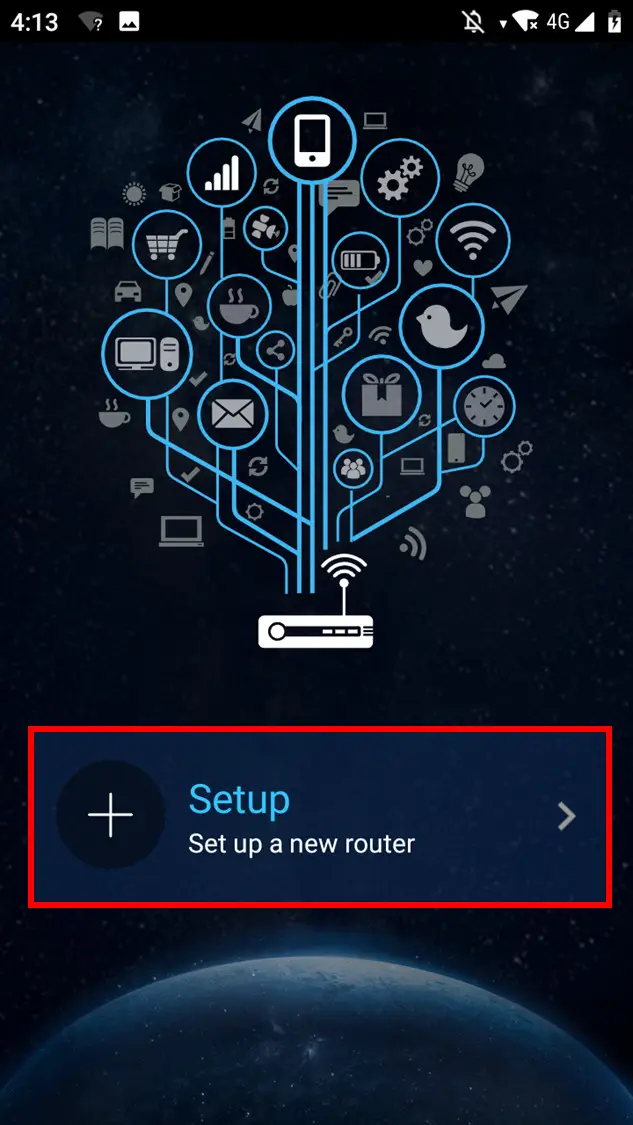 Giao diện ứng dụng ASUS Router với nút Thiết lập để bắt đầu cài đặt RT-AC1300UHP