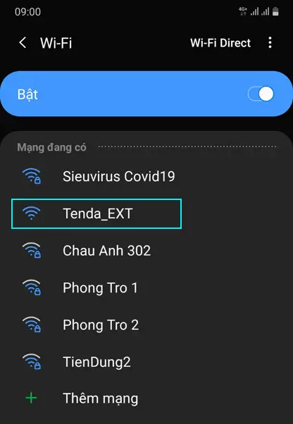 Kết nối điện thoại với mạng Tenda_EXT để bắt đầu cấu hình