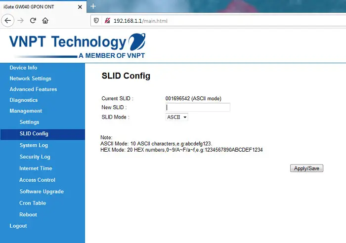 Mục SLID Config trên iGate GW040, điền chính xác mã MEN/SLID gồm 9 chữ số để kích hoạt kênh truyền Internet VNPT