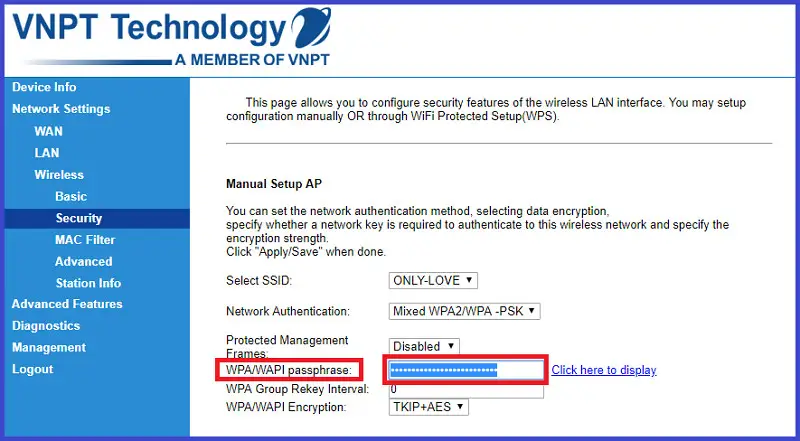 Mục WPA/WAPI passphrase trên modem VNPT để đặt mật khẩu Wi‑Fi mới