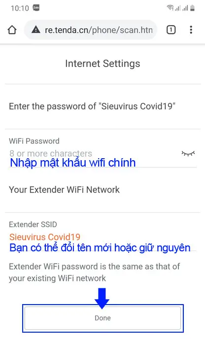 Nhập mật khẩu Wi-Fi chính vào giao diện Tenda để kích sóng