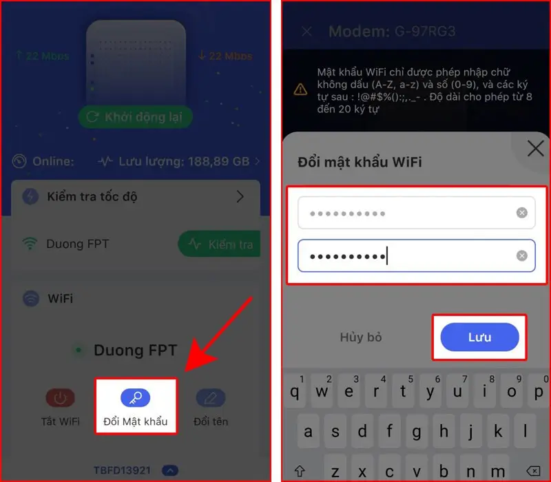 Nhập mật khẩu WiFi FPT mới trong ứng dụng Hi FPT và lưu để áp dụng