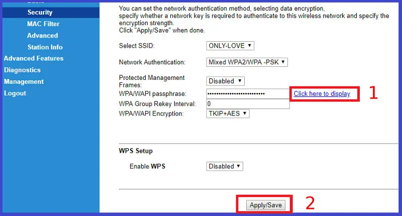 Nút Apply/Save trên giao diện VNPT để lưu mật khẩu WiFi vừa thiết lập