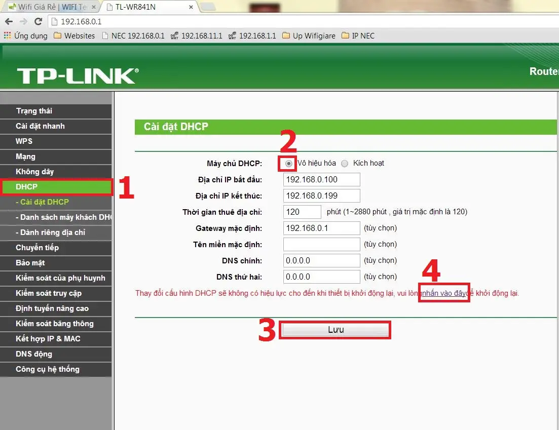 Tắt DHCP và đặt IP LAN tĩnh cho repeater TP-Link WR841N để tránh xung đột địa chỉ