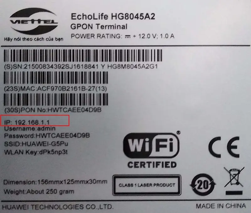 Tem sau modem Viettel hiển thị địa chỉ IP quản trị và mật khẩu mặc định