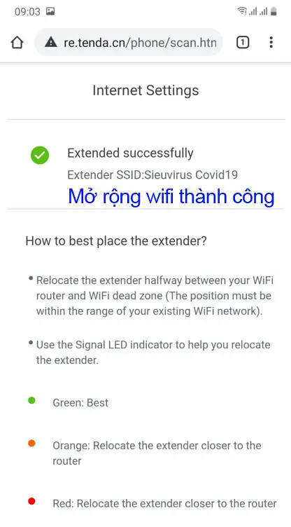 Thông báo cài đặt thành công và đèn tín hiệu trên Tenda A9