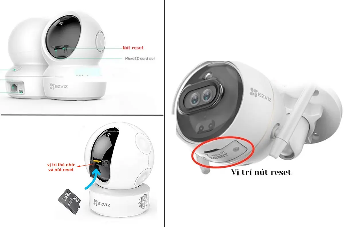 Vị trí nút Reset trên các dòng camera Ezviz giúp khôi phục cài đặt gốc nhanh