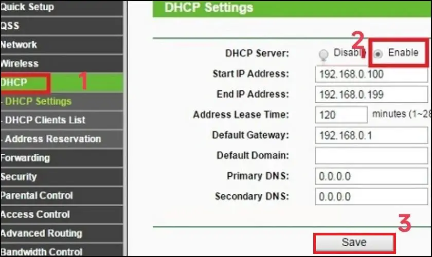 Bật DHCP Server hoặc tắt tùy chế độ Router/AP, lưu và khởi động lại thiết bị
