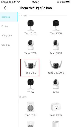 Chọn mẫu Tapo C310 từ danh sách thiết bị TP-Link để bắt đầu cấu hình