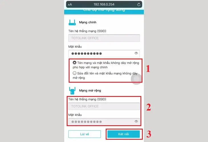 Đặt tên mạng và mật khẩu WiFi mở rộng TOTOLINK, hoàn tất cấu hình mở rộng sóng