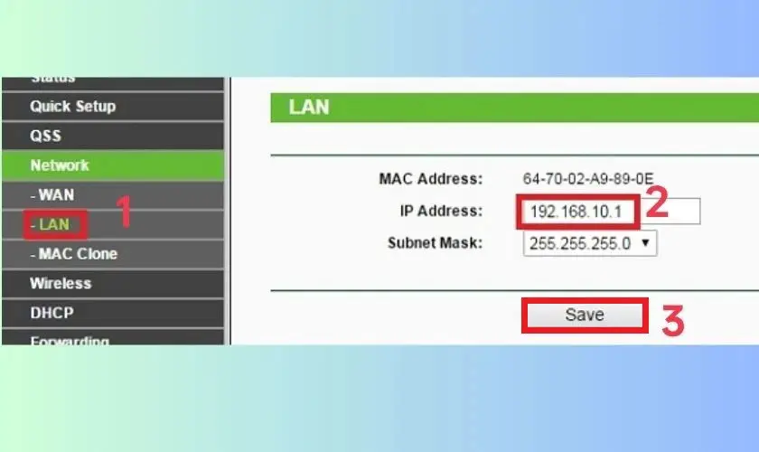 Đổi địa chỉ LAN IP của TP-Link để tránh trùng với modem nhà mạng, ví dụ 192.168.10.1