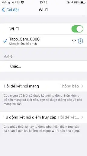 Kết nối vào mạng Tapo_Cam_XXXX trong phần Wi-Fi của điện thoại