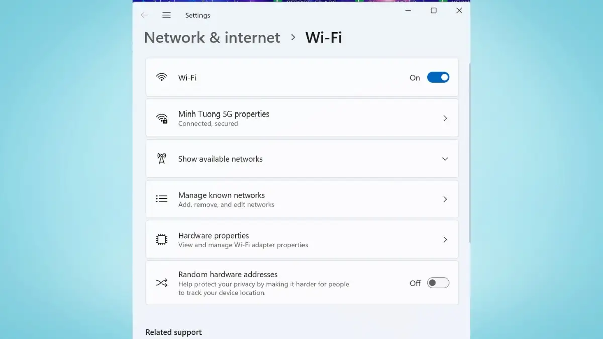 Tùy chọn bật Wi-Fi trong Windows Settings, hướng dẫn cài đặt internet cho laptop Windows