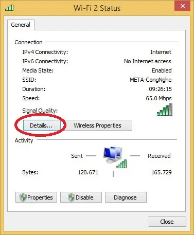 Xác định địa chỉ IP gateway của router chính trong phần Details trên Windows