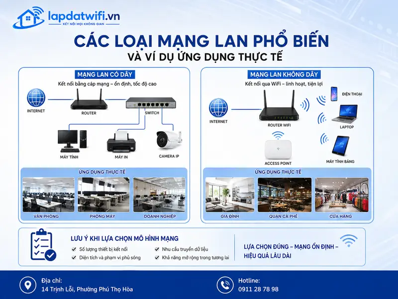 Các loại mạng LAN phổ biến và ví dụ ứng dụng thực tế