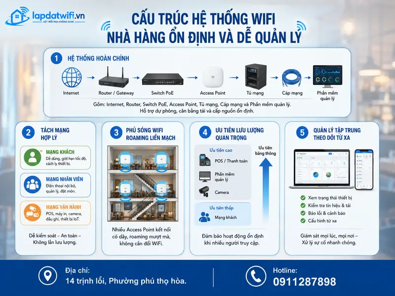 Cấu trúc hệ thống WiFi nhà hàng ổn định và dễ quản lý