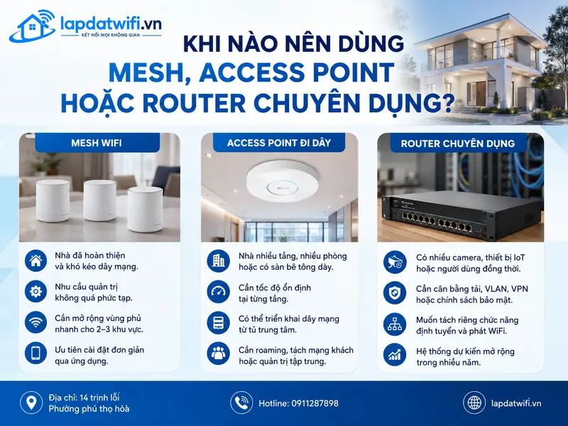Khi nào nên dùng Mesh, access point hoặc router chuyên dụng?