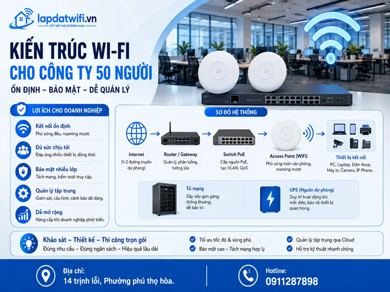 Kiến trúc lắp đặt wifi cho công ty 50 người nên gồm những gì?
