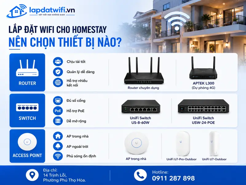 Lắp đặt wifi cho homestay nên chọn router, switch và access point nào?