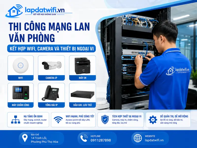 Thi công mạng LAN văn phòng kết hợp WiFi, camera và thiết bị ngoại vi