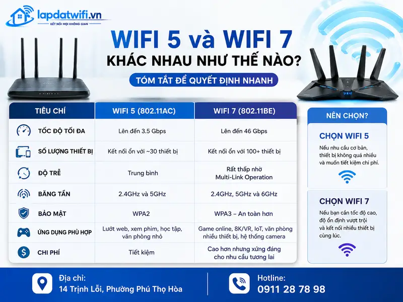 WiFi 5 và WiFi 7 khác nhau như thế nào? Tóm tắt để quyết định nhanh